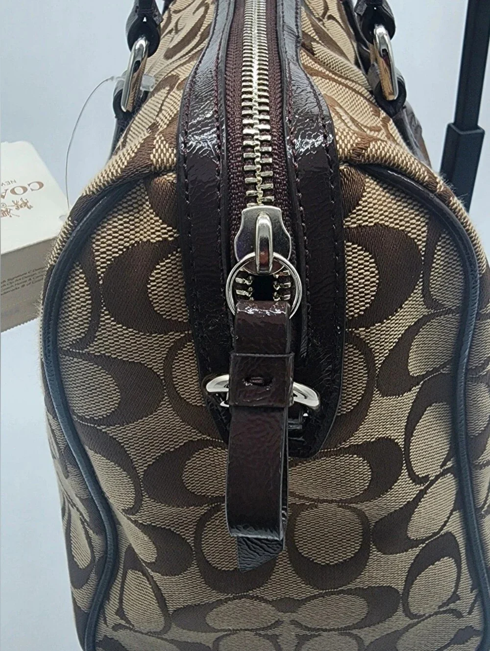 Coach Nancy Signature Stripe Satchel Brown Khaki NWT F28505